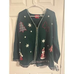Holiday Lodge Christmas Zip Cardigan Festive Cabin, Snowman Green Sz: 3X
